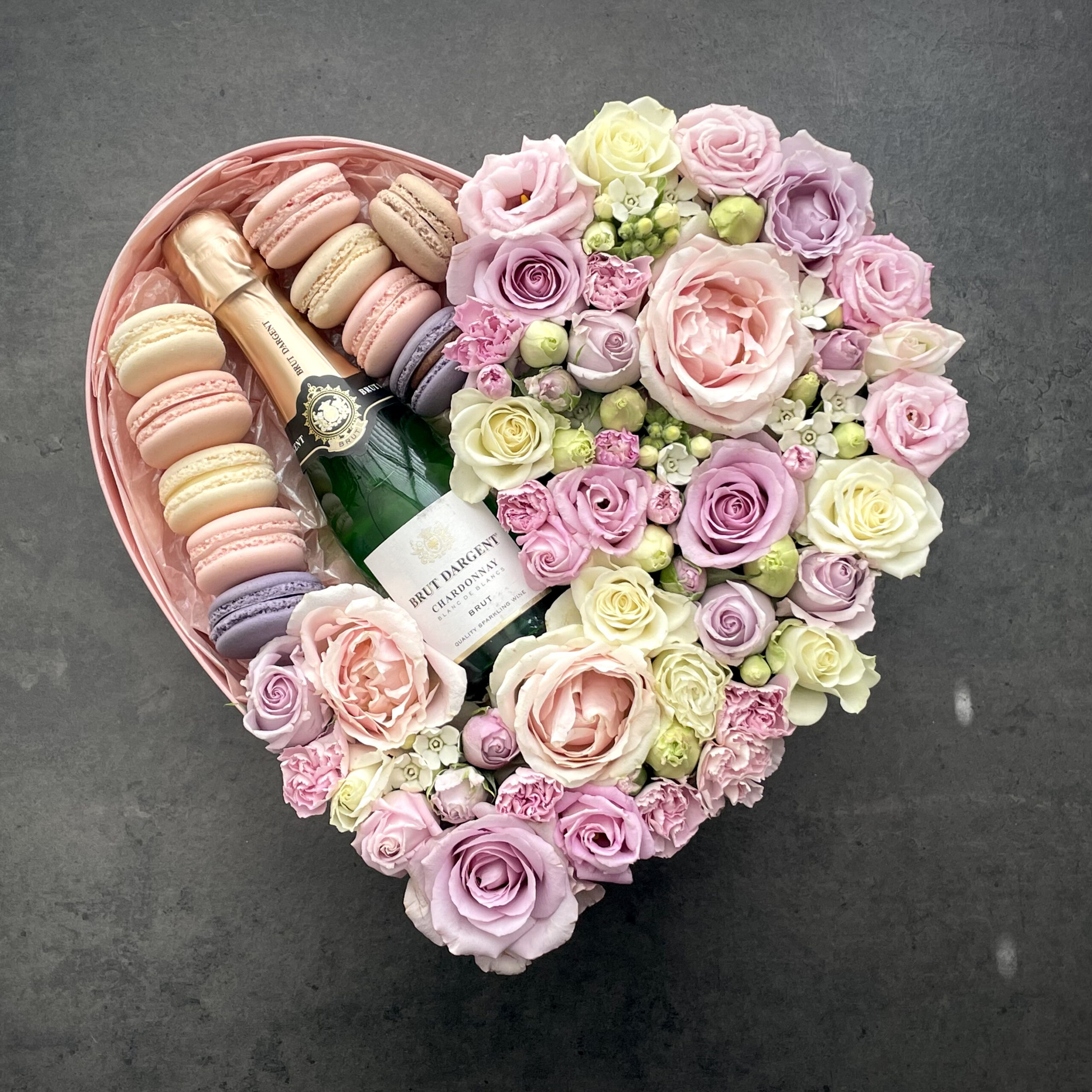 Pink Heart with Flowers, Sparkling Wine and Macaroons M