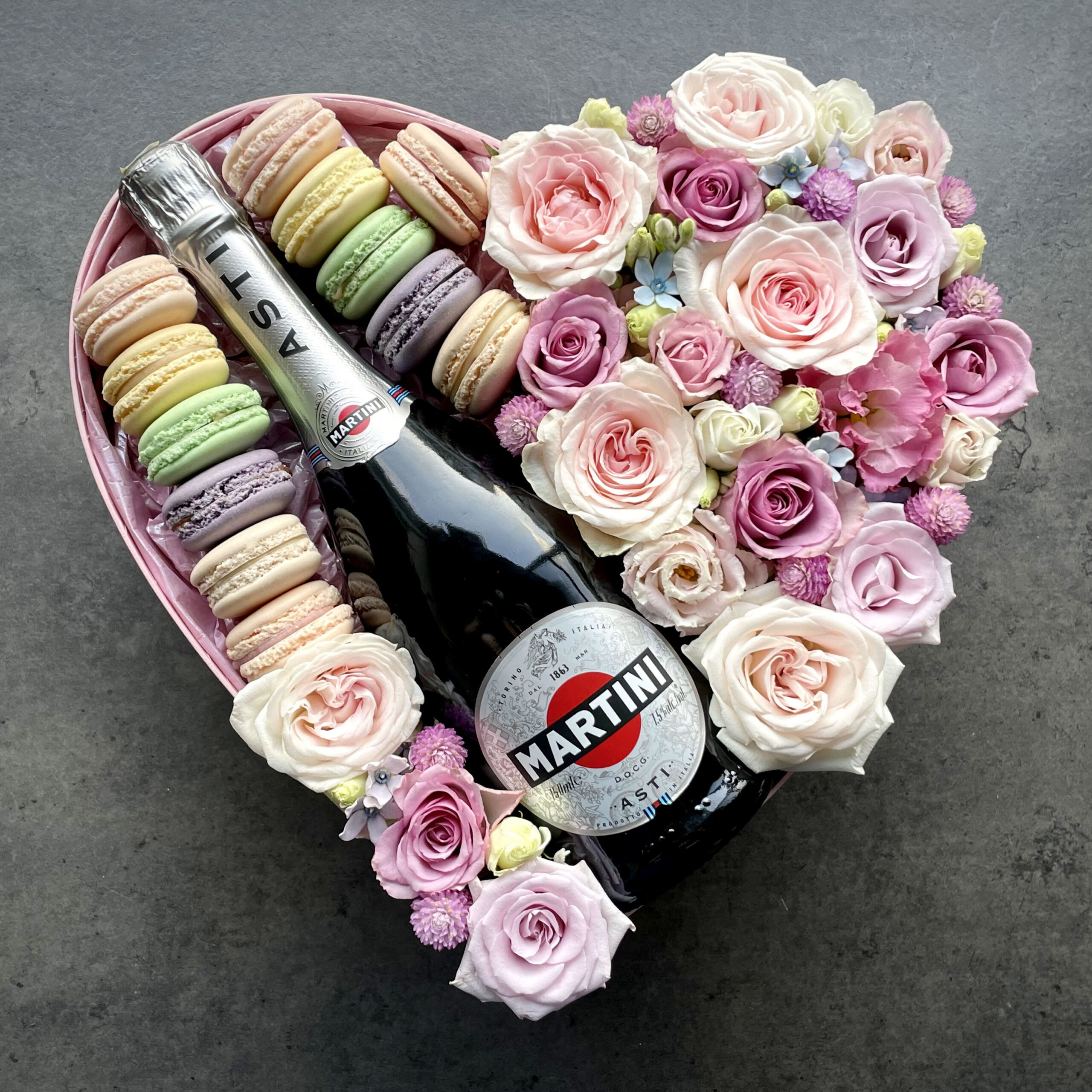 Pink Heart with Flowers Martini Asti and Macaroons L