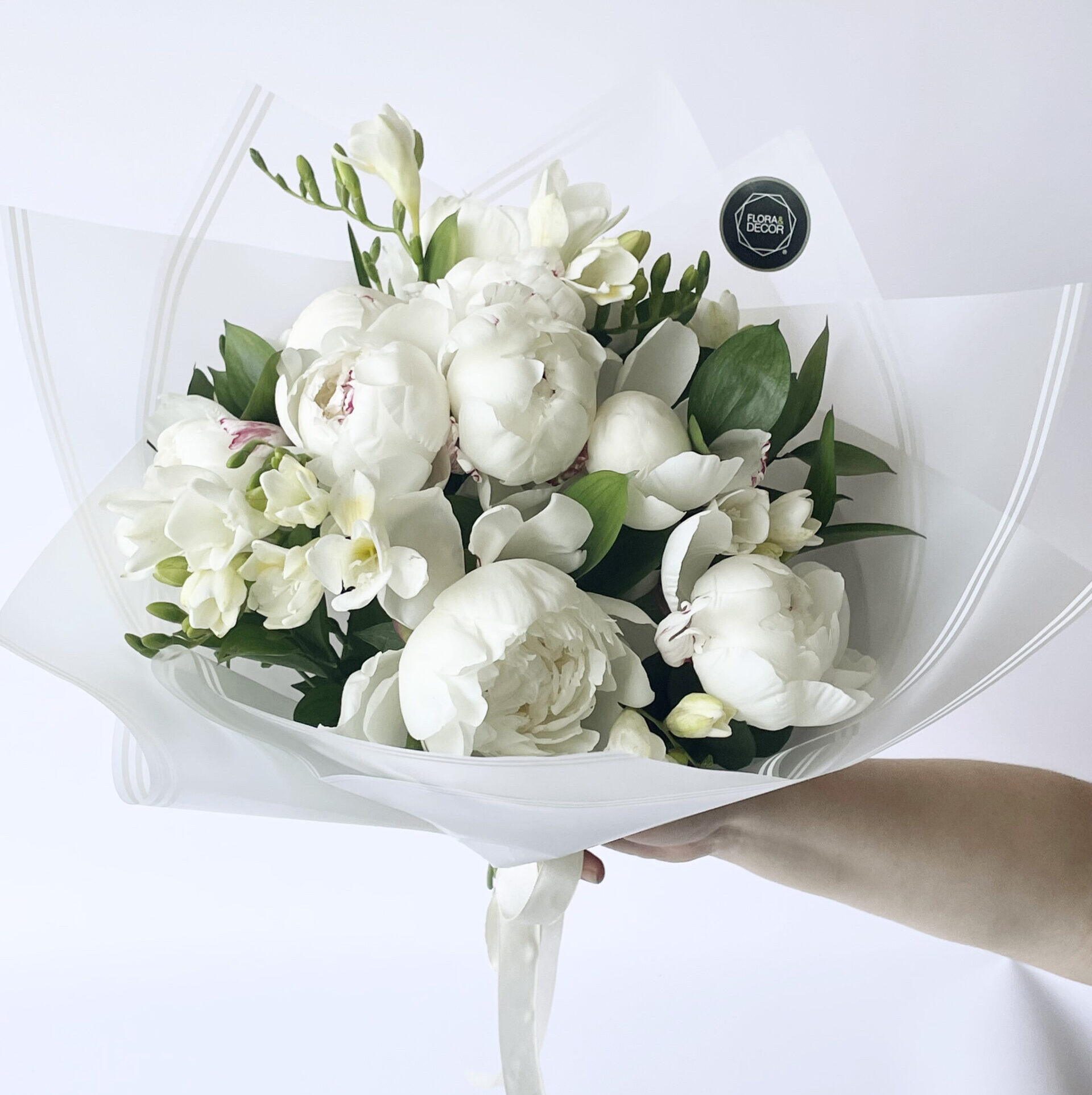 9 White Peonies with Freesia